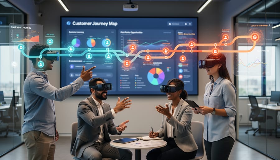 Business team wearing VR headsets collaborating around conference table