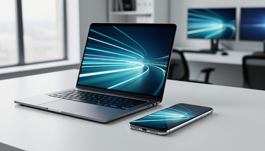 Smartphone and laptop on a clean desk with dynamic light trails across their screens, representing fast-loading, optimized website performance across devices, with no visible text or logos.