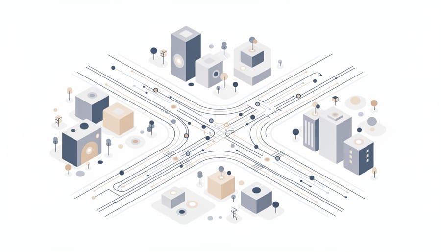 Car windshield view of a busy intersection at dusk representing many customer touchpoints in a journey