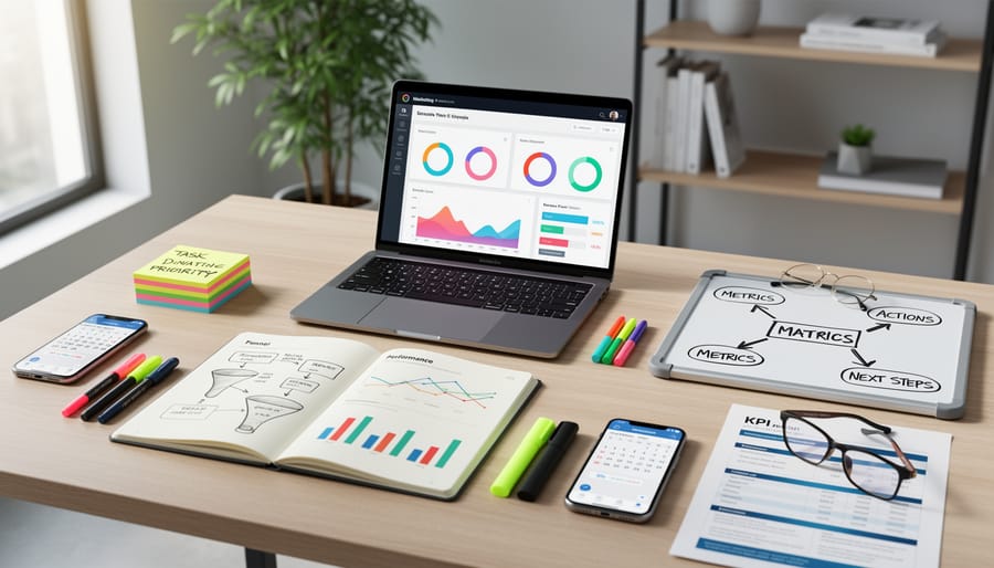 Laptop on a desk with camera lenses and a notebook suggesting dashboard-based KPI work without visible text