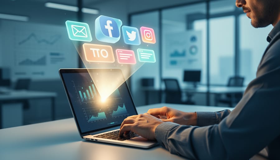 Marketing analyst at a desk with a laptop as glowing marketing touchpoint elements merge into a single attribution spotlight, representing AI feature attribution for campaign performance.