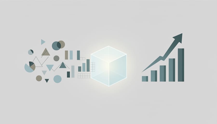 Marketing analyst holding a glass cube of glowing light points symbolizing KPI insights
