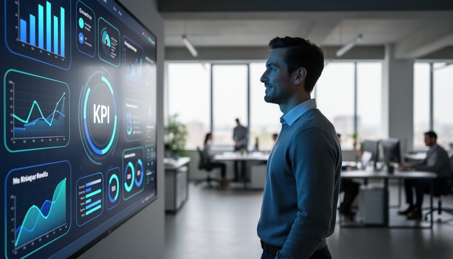 “Marketing analyst viewing a modern wall dashboard with clear KPI visualization shapes without any text.”