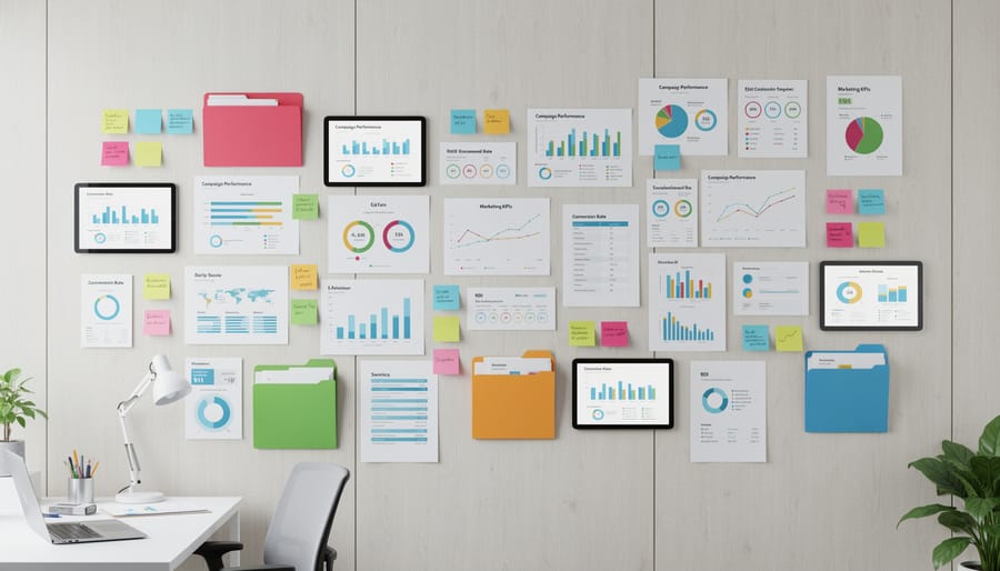 Organized wall with colorful sticky notes and printed sheets representing KPI categories