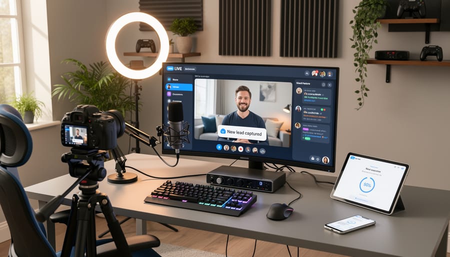 Person adjusting a webcam and ring light in a home office live streaming setup with a laptop in view