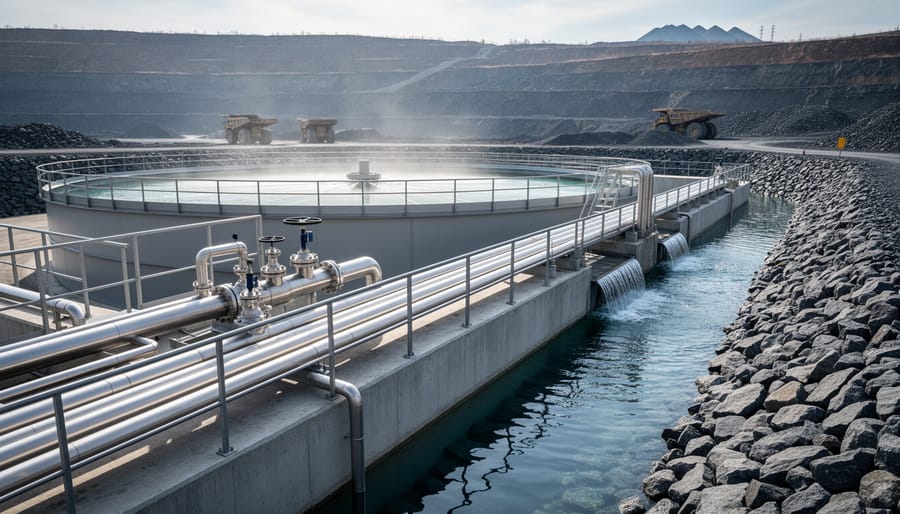 Mine water treatment facility with visible pipes and tanks near an active mining pit under overcast daylight.