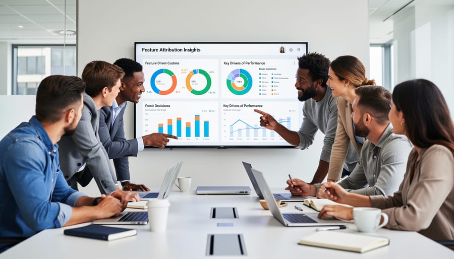 Team collaborating in an office while reviewing marketing insights on a laptop with no readable text