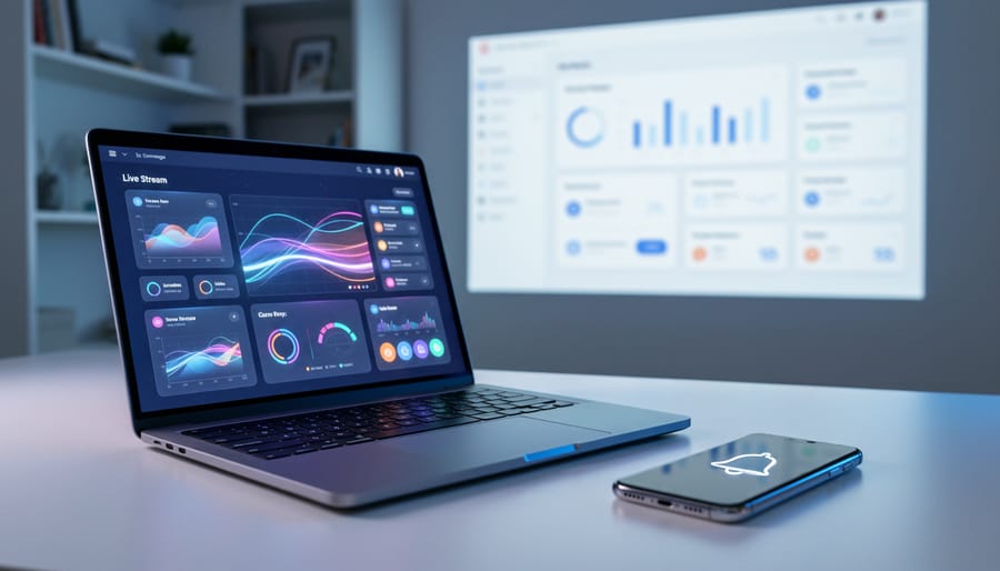 Laptop and smartphone on a desk, depicting automated live stream lead capture flowing to a CRM system in the background.