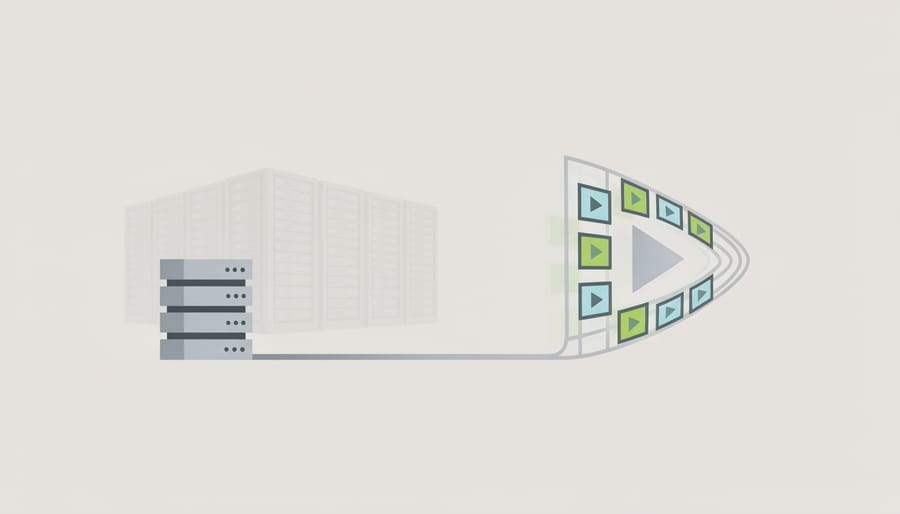 A laptop and server rack with mist-like stream shapes symbolizing efficient, lower-impact video delivery.