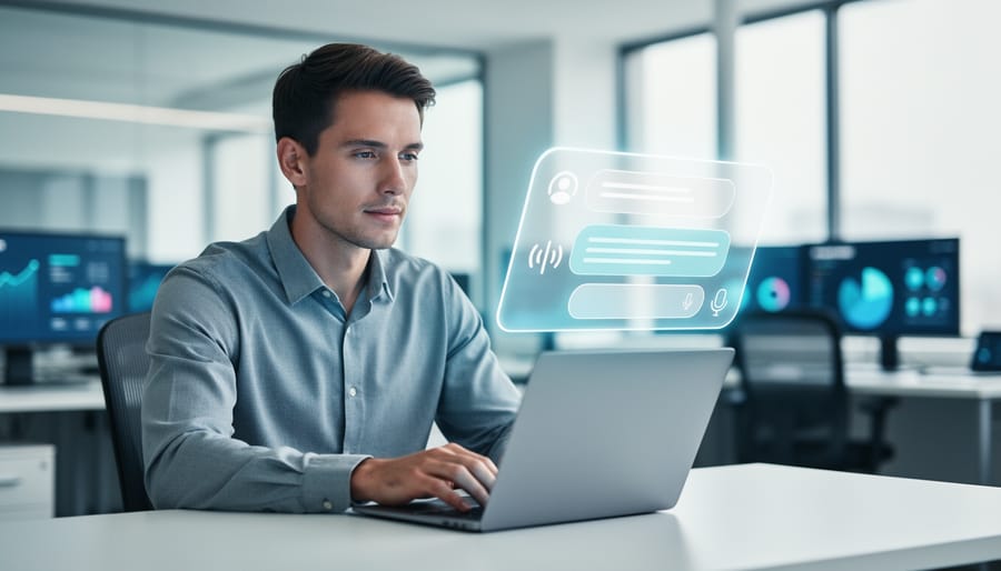 “Customer support agent working at a laptop with glowing holographic icons representing AI chat, voice, and ticket automation beside the screen.”