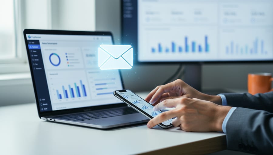 Hands using a laptop and smartphone to create AI-powered email marketing, shown with a subtle glowing email envelope concept.