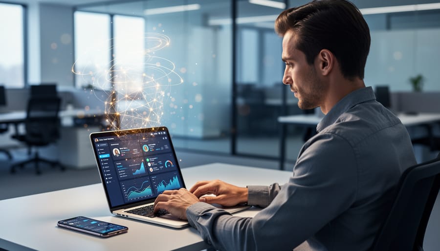 A business professional reviewing social media analytics on a laptop and smartphone with glowing network signals representing AI-powered social listening.