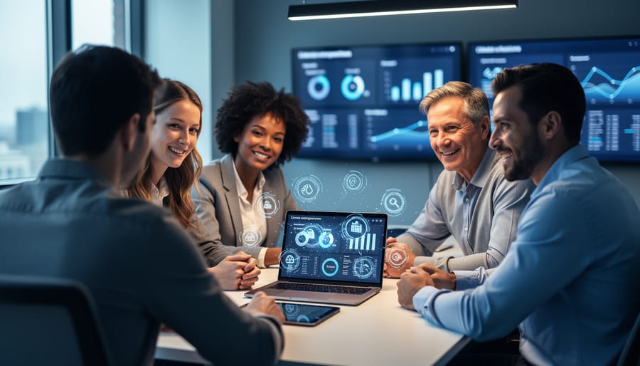 Diverse marketing team collaborating at a desk with laptops and AI-assisted tools in a modern workspace under soft daylight.