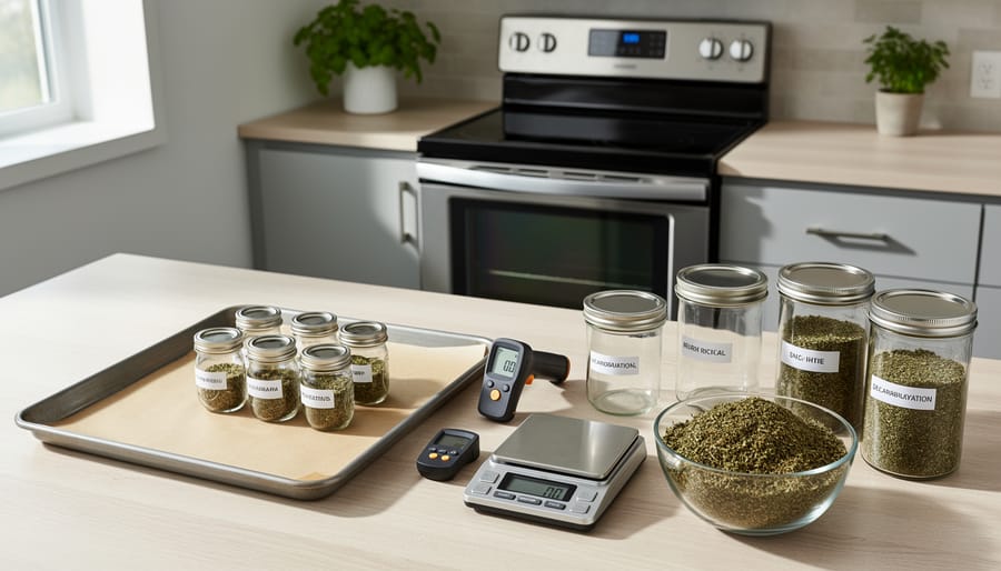 Baking tray with parchment paper holding finely ground cannabis and a digital oven thermometer next to heat-resistant gloves in a kitchen workspace