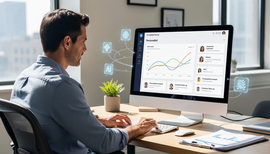 Business owner in a home office holding a smartphone with softly glowing AI-like light above a desk