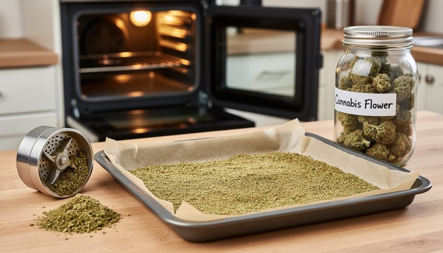 Close-up of cannabis grinder and finely ground cannabis on a cutting board