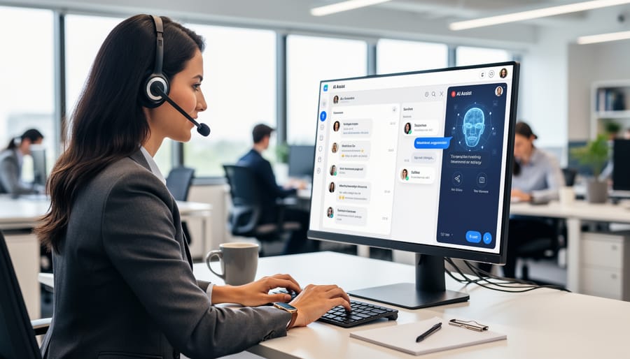 Customer support agent wearing a headset working at a laptop in a modern office