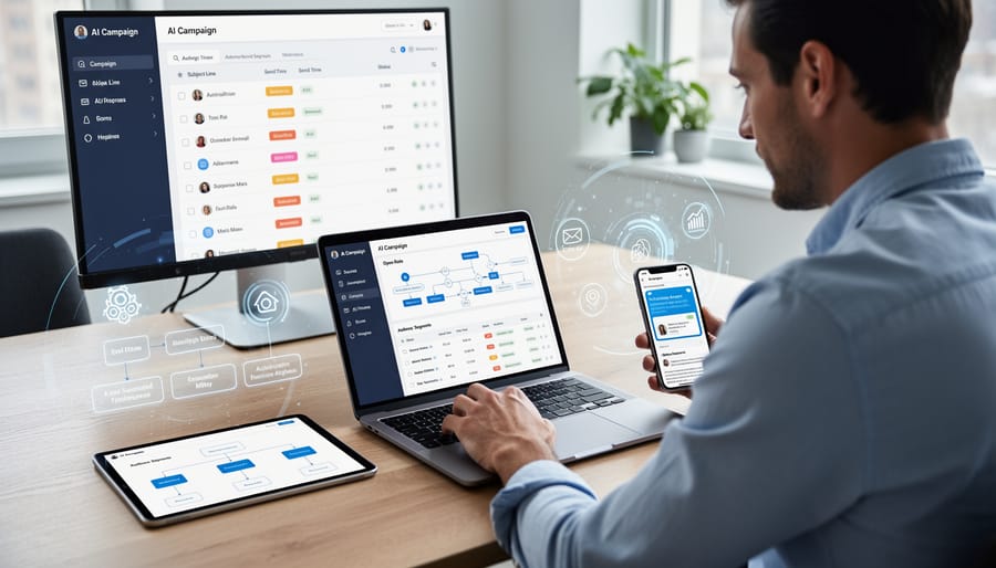 Hands using a laptop and smartphone near an email icon illustration to represent AI-powered email marketing.