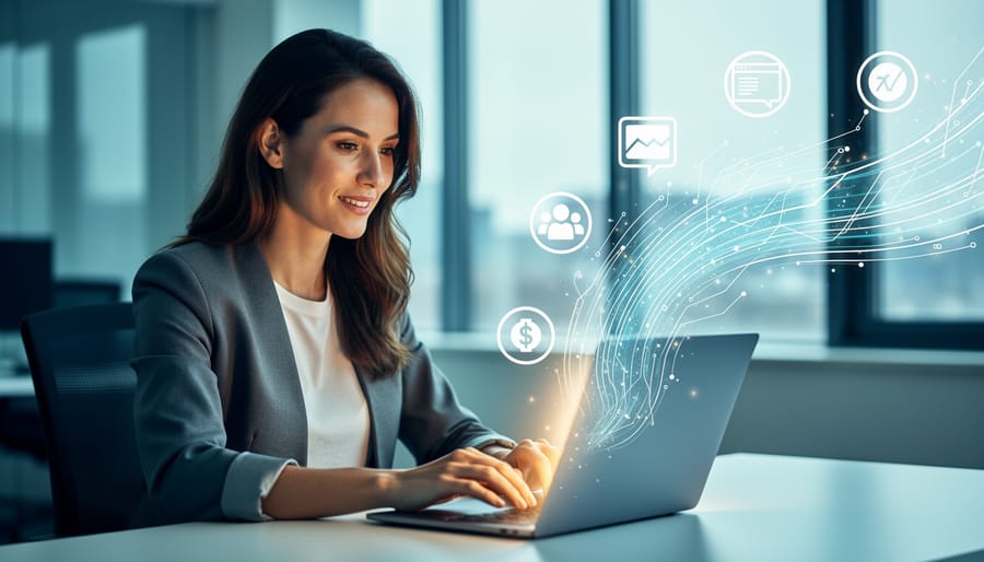 Marketing professional working on a laptop with glowing data streams and connected network visuals representing machine learning in digital marketing.