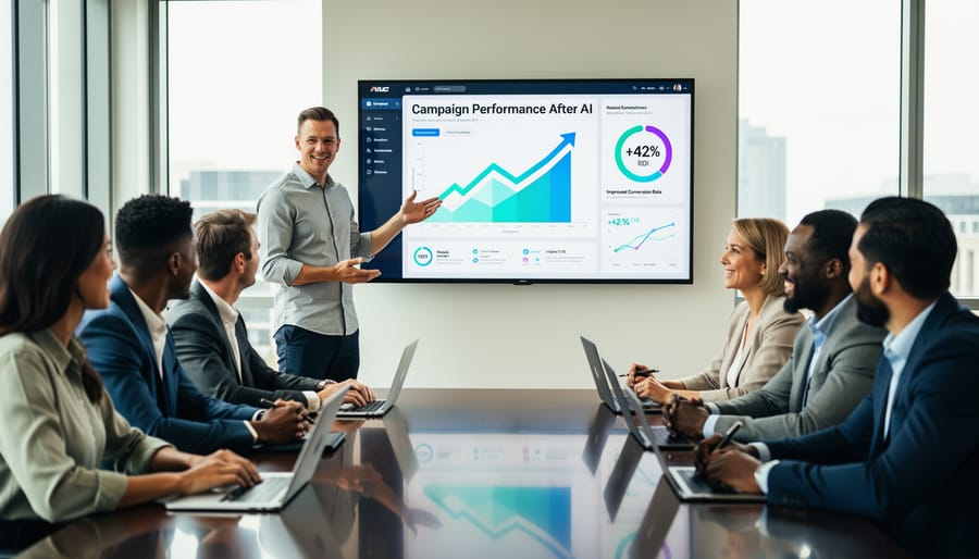 Marketer presenting to a small team with a tablet displaying abstract visuals in a meeting room