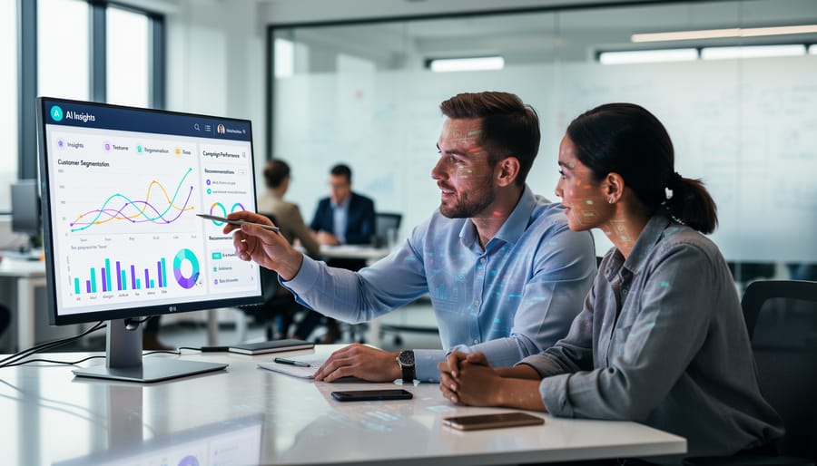Marketing analyst in a modern office using a laptop to interpret AI-driven marketing insights