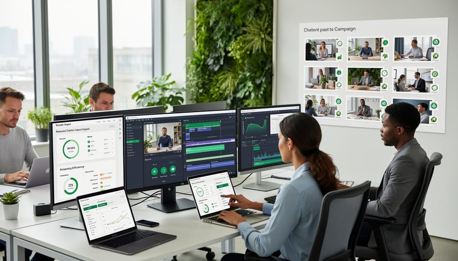 Marketing professional holding a smartphone representing practical sustainable video work in an office.