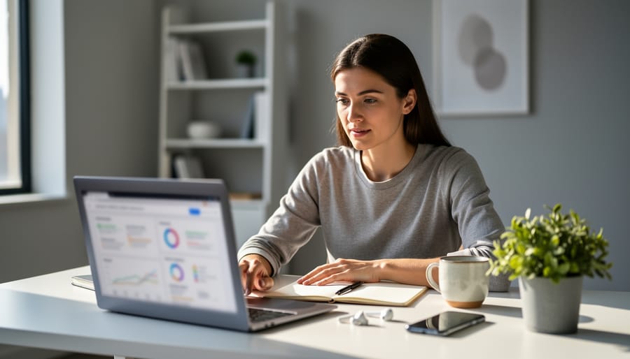 Marketing professional reviewing search performance on a laptop in an office