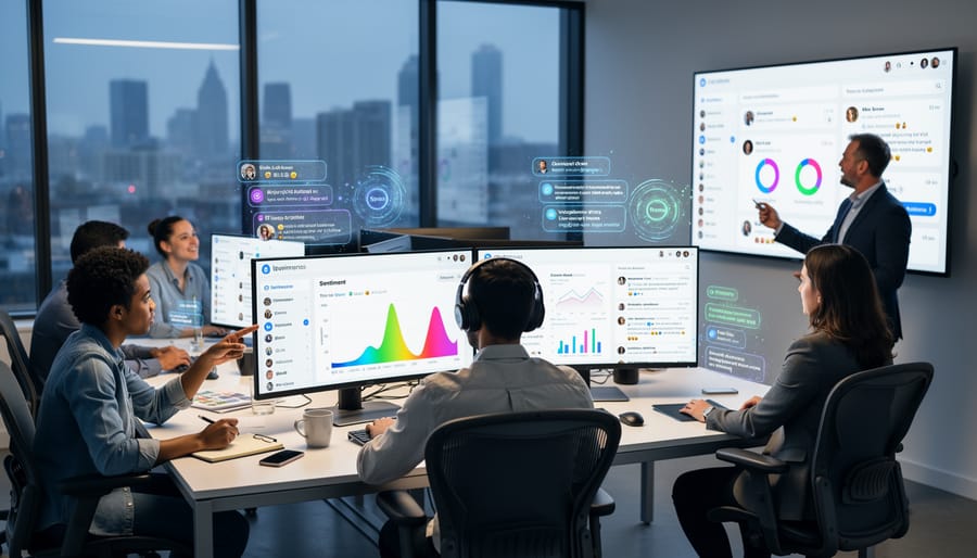 Marketing professional wearing headphones in a modern office, surrounded by visual cues representing social conversations.