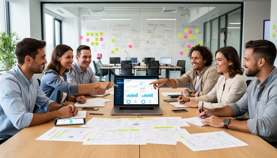 Marketing team collaborating in a modern office with laptops and tablets showing abstract AI visuals