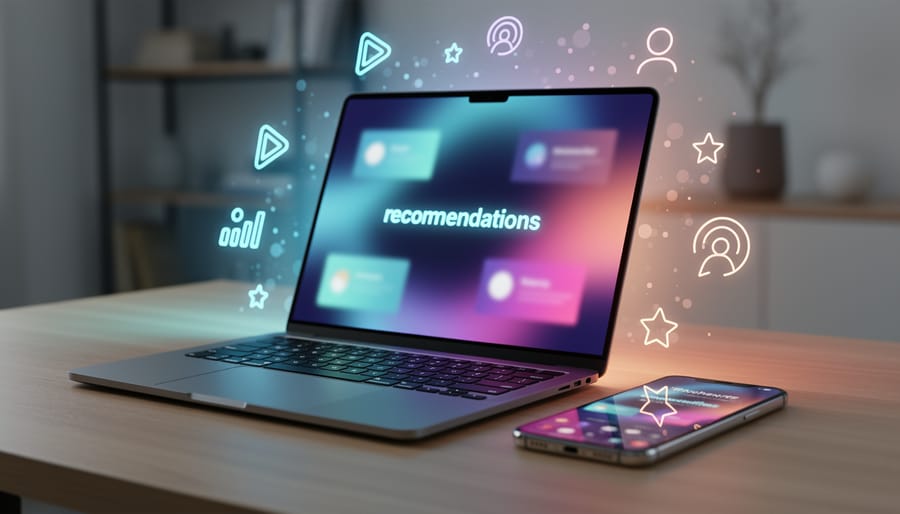 Laptop and smartphone on a desk with subtle glowing light icons suggesting personalized content recommendations, photographed in a modern editorial style.