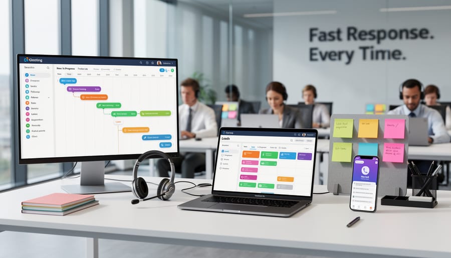 Office desk with laptop, headset, and organized materials for responding to leads quickly