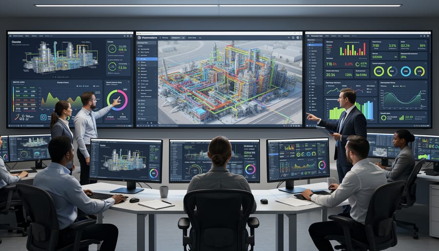 Operations specialist in a control room monitoring blurred equipment status screens with no readable text.