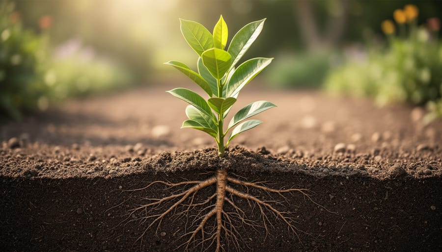 A thriving plant with strong visible roots in dark soil, representing how organic search metrics compound over time.
