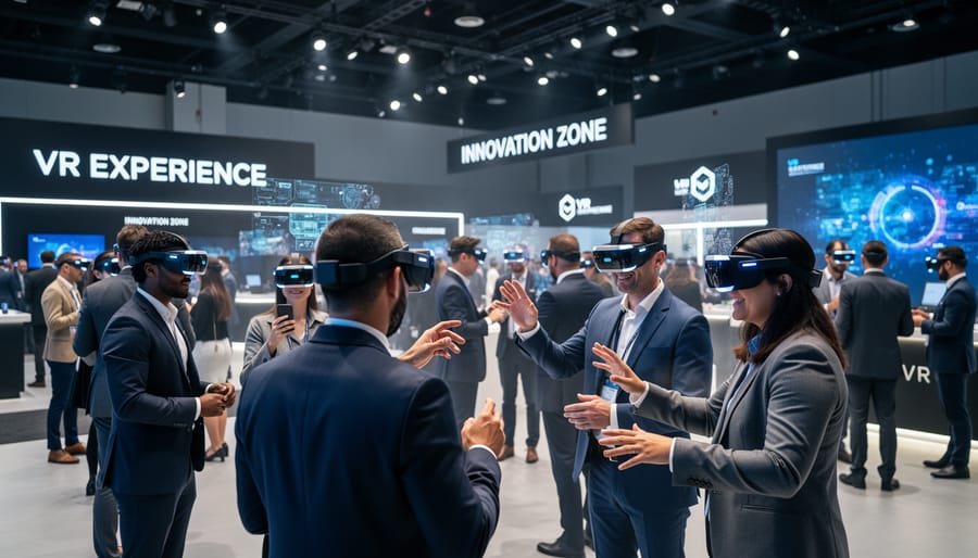 People wearing VR headsets at a virtual reality convention in a conference hall