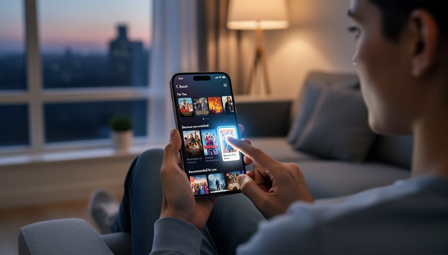 Person using a smartphone in a modern workspace while browsing personalized content