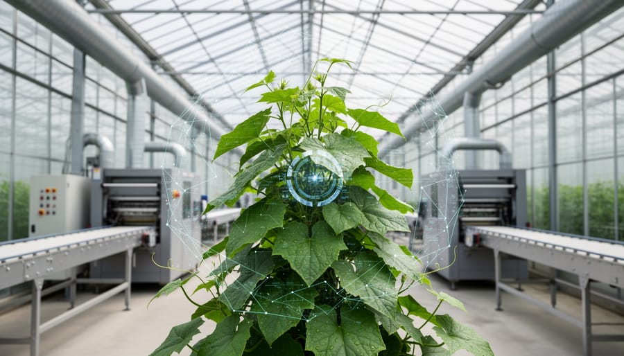 “Green plant in a high-tech greenhouse with a subtle holographic network overlay suggesting a plant digital twin connected to industrial equipment.”