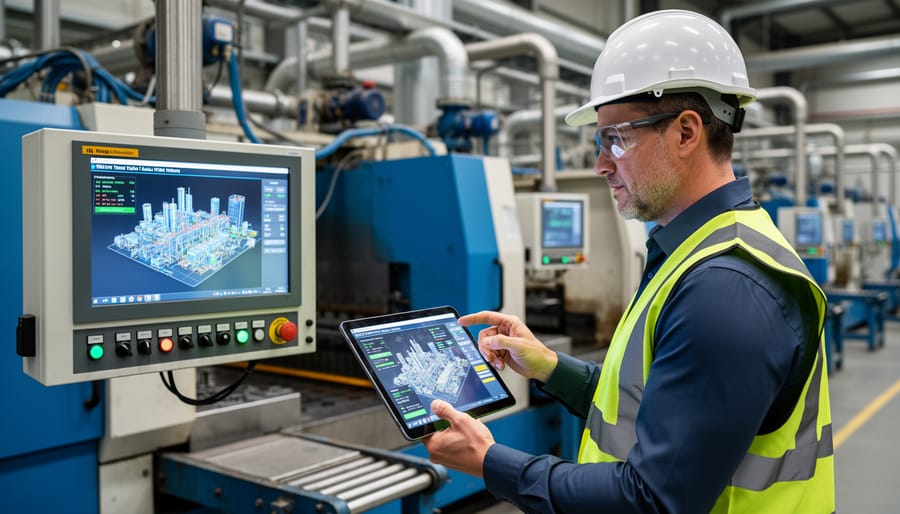 Plant manager reviewing operations on a tablet near industrial processing equipment.