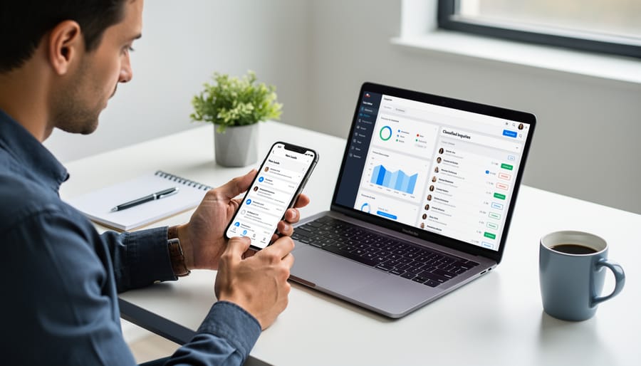 Small business owner reviewing lead inquiries on a smartphone at a desk with laptop nearby