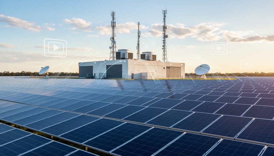Solar panels on a modern building representing renewable-powered video hosting infrastructure.