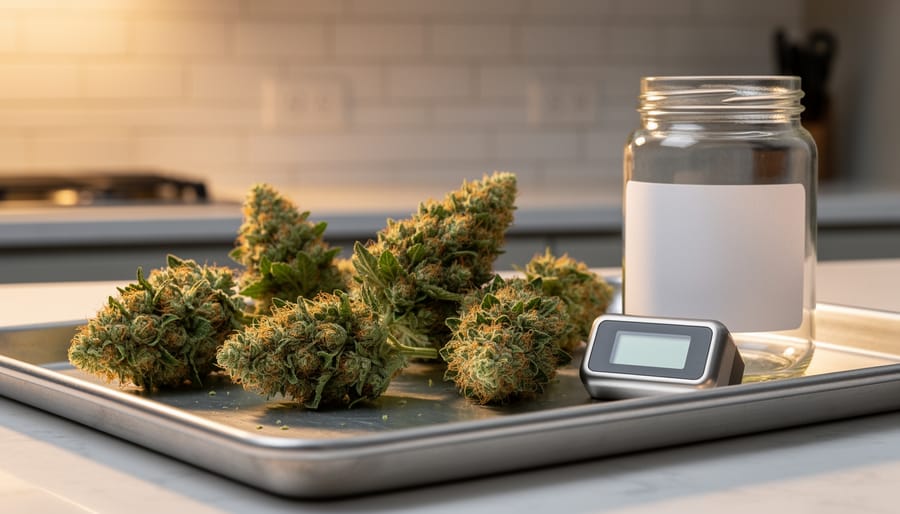 Raw cannabis buds on a baking tray next to a digital thermometer, photographed under warm oven glow to represent controlled THCa decarboxylation.