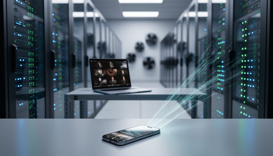 “Data center server racks with glowing indicators, a laptop and smartphone in the foreground connected by an abstract light energy flow to represent video sustainability.”