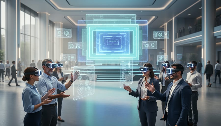 “Professionals wearing VR headsets networking inside a modern virtual convention hall with a glowing holographic stage and immersive atmosphere.”