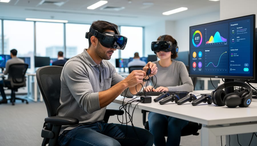 VR technician adjusting a headset and checking tracking equipment in a convention room