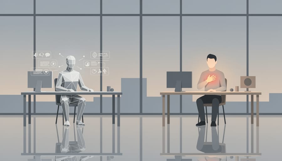 Reflective office scene with blurred server hardware and human facial reflection suggesting emotion detection versus feeling.