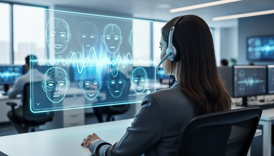 Customer support agent in a call center interacting with an abstract, textless holographic emotion-signal interface, representing emotion recognition rather than real emotions.