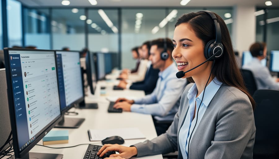 Customer service agent wearing a headset in a modern call center.