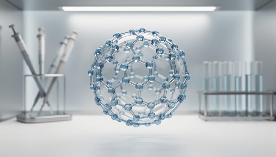 Close-up of a clean lab bench with a realistic, stylized cyclic peptide molecular model representing melanotan-II, with blurred laboratory equipment in the background.