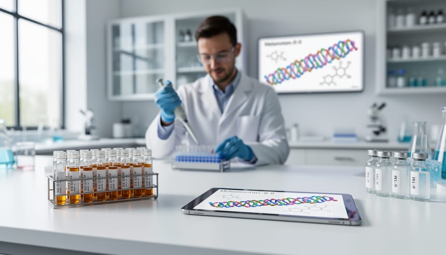 Laboratory bench with a clear vial and pipettes near a molecular model sphere for peptide chemistry context