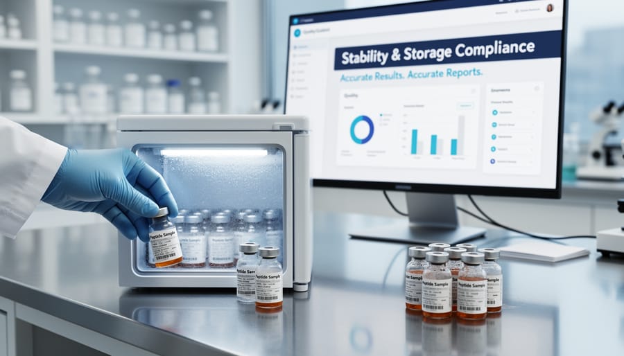 Sealed peptide vials stored in a refrigerated stainless-steel cooler drawer