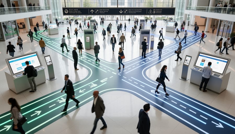Wide view of people moving through a modern hallway with branching corridors and a distant path junction